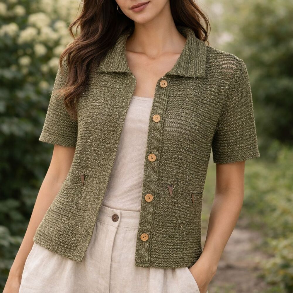 Giesswein Linen Blend Cardigan Open Knit Olive Green Short Sleeve US M EU 40